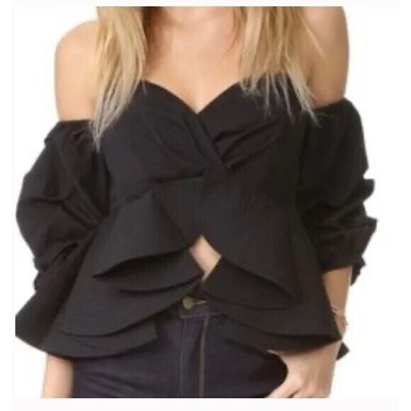 Luxe By Stylekeepers Reveal and Conceal Blouse Black Ruffled  Crop Top - Picture 1 of 8